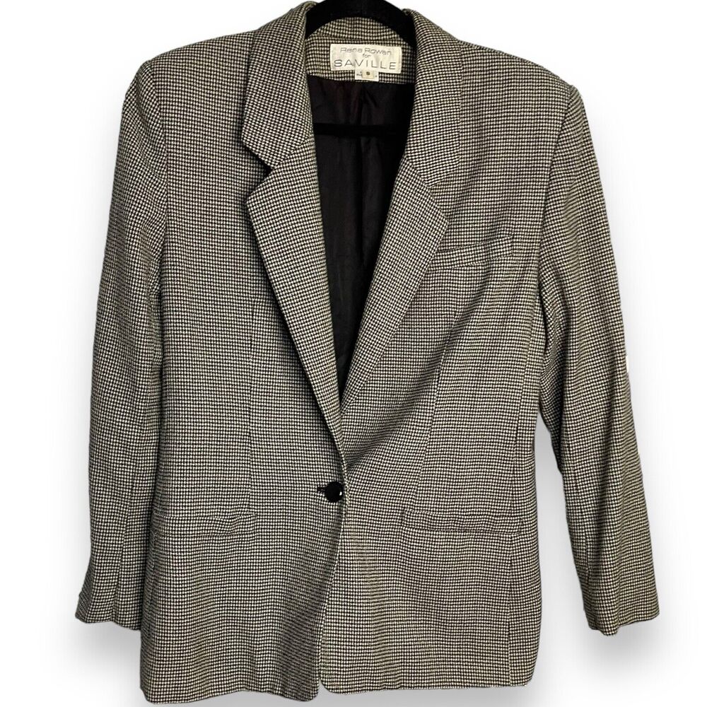 Vintage Rena Rowan Saville Blazer Jacket Womens 8 Black White Houndstooth Preppy